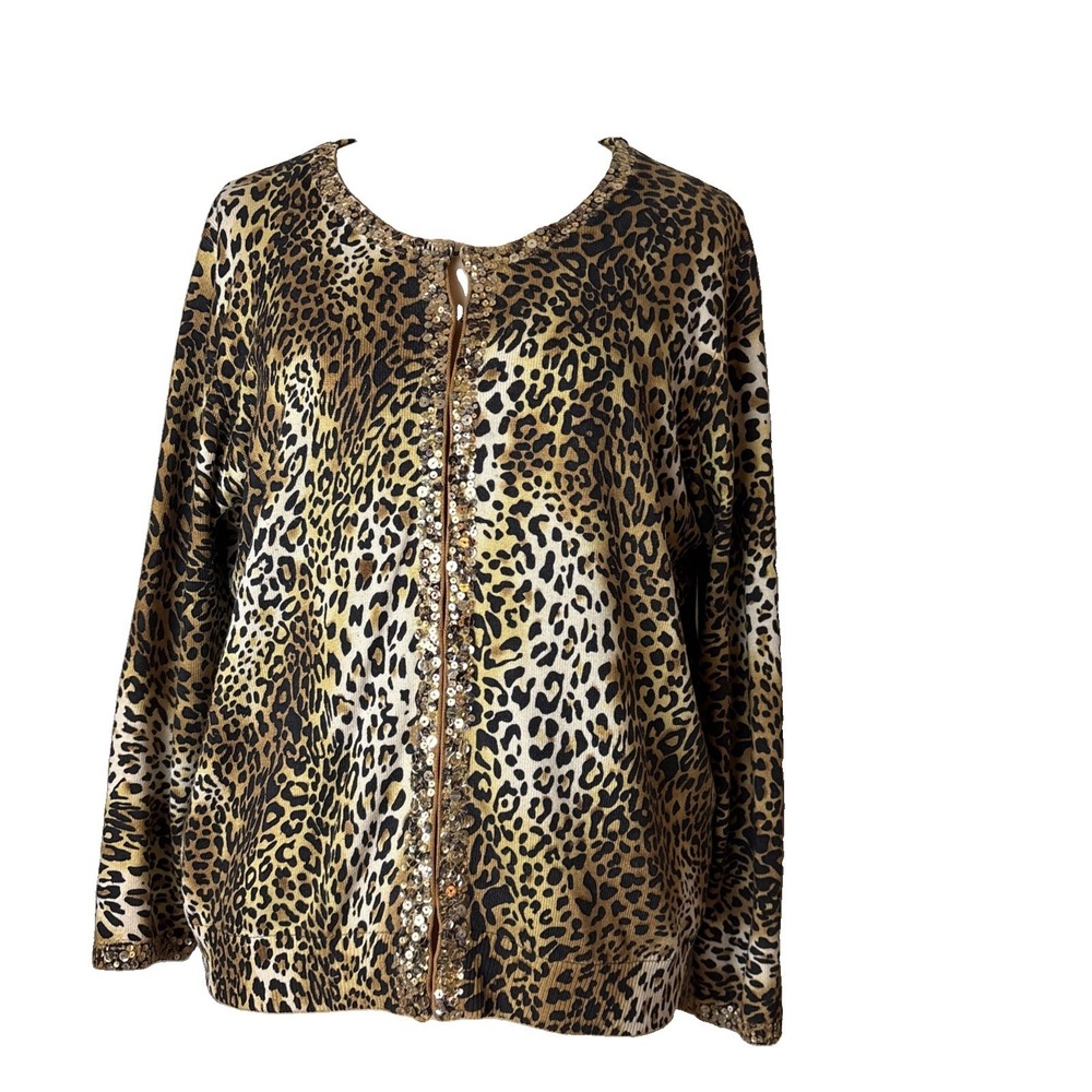 ECI New York animal print sequin trim silk blend cardigan sweater womens XL